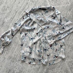 Zara White Bird Print Button Down Shirt